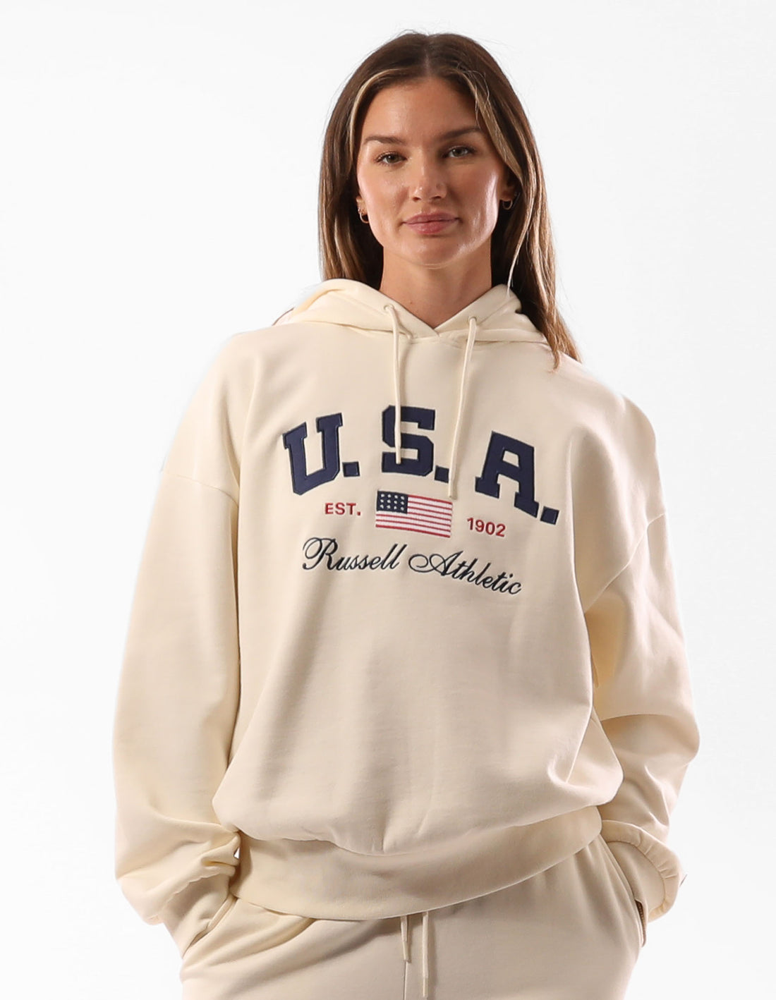 Hanorac cu Gluga Russell Athletic 1902 Oversized Dama Bej | 71396-ZLUW