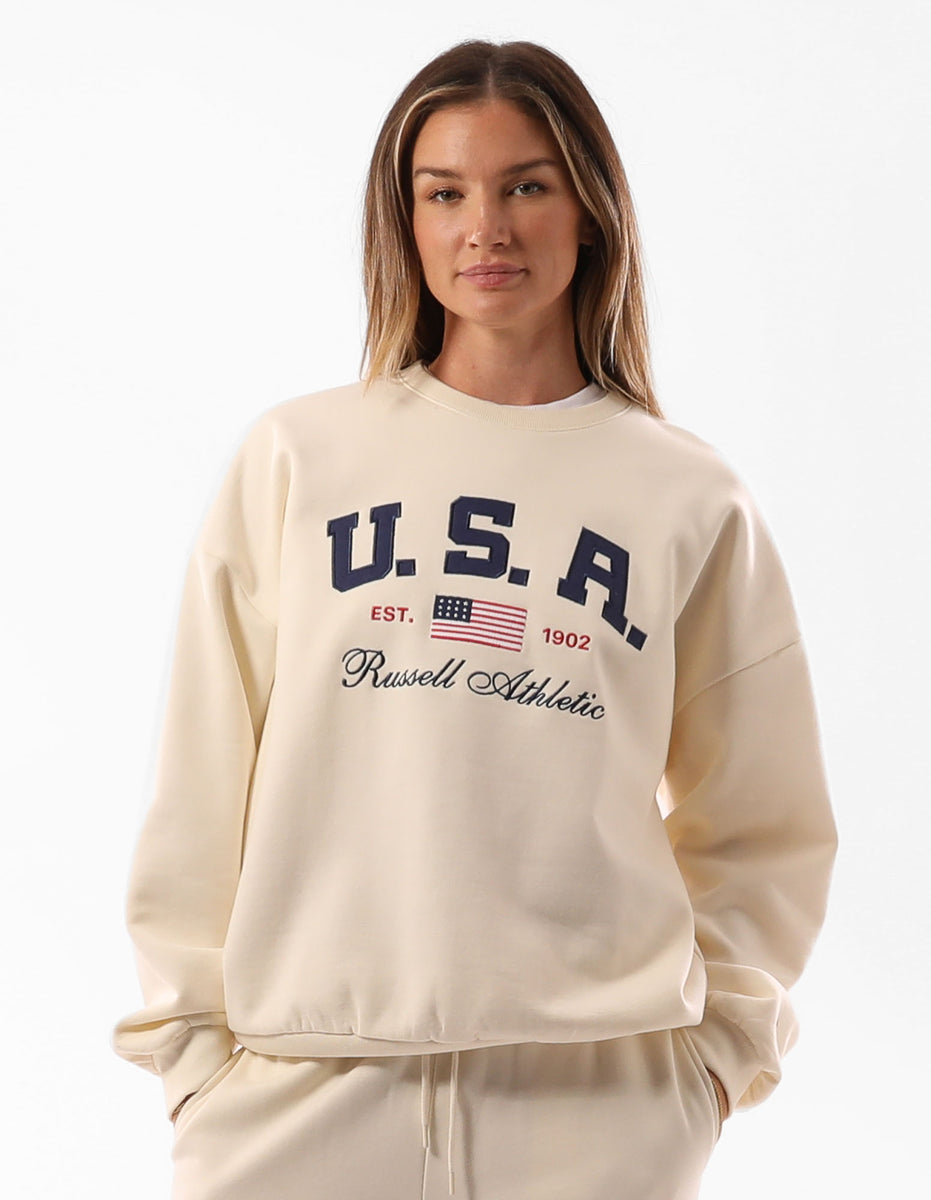 Pulovere Cu Decolteu Russell Athletic 1902 Oversized Dama Bej | 72913-WZLJ
