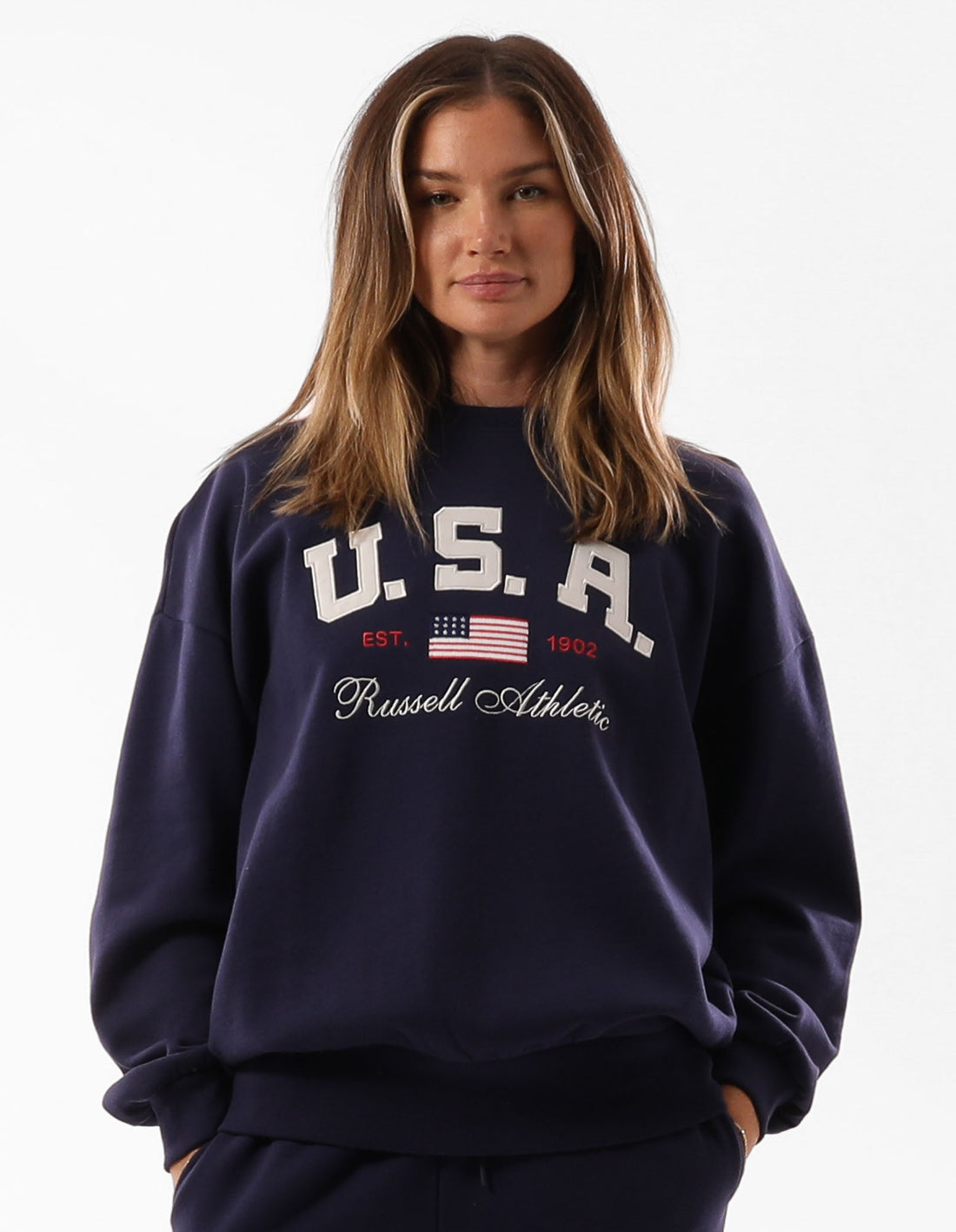 Pulovere Cu Decolteu Russell Athletic 1902 Oversized Dama Albastri | 30275-VRPO
