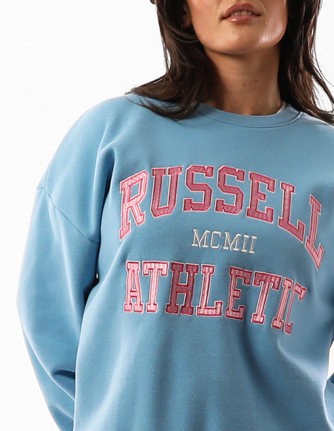 Pulovere Cu Decolteu Russell Athletic Seattle Arch Oversized Dama Albastri | 51903-KFZQ
